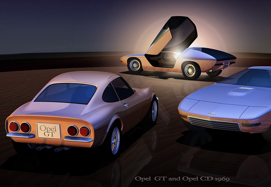 Kultfahrzeuge wie der Opel CD Showcar von 1969 wie auch der Opel GT wurden mit Hilfe von Photos und Schnittzeichnungen nachmodelliert. Opel CD Showcar 1969 von Thomas Clever